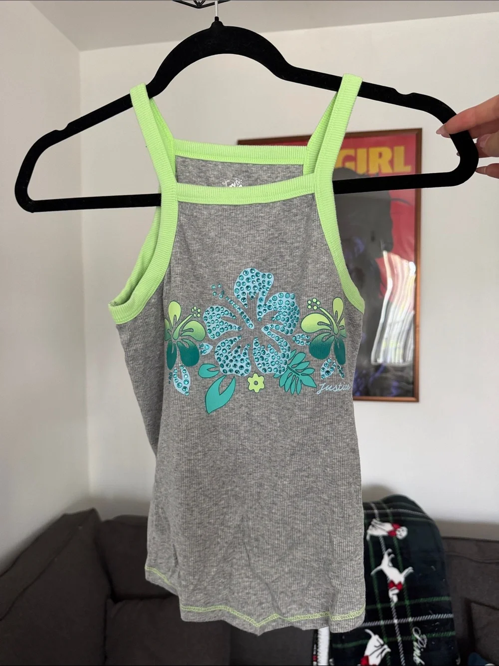 Justice Grey Tank Top with Neon Green Trim and Teal Floral